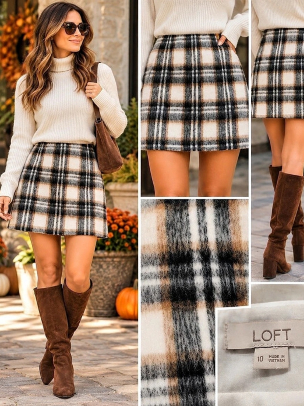 LOFT Plaid Fuzzy Mini Skirt in Black, White, Brown Size 10